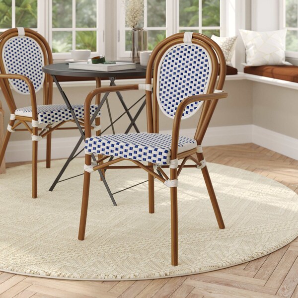 Flash Furniture Lourdes Thonet French Bistro Stacking Chair w/Arms, White/Navy PE Rattan/Bamboo Print Alum Frame SDA-AD642002A-WHNVY-NAT-GG - main